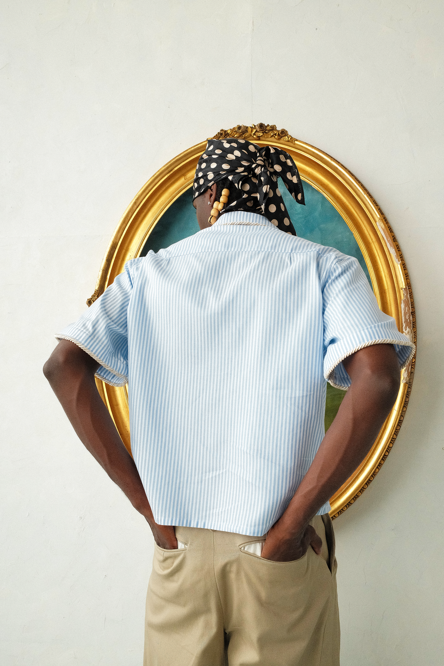 Embellished Camp Collar Short Sleeve - Blue Pinstripe