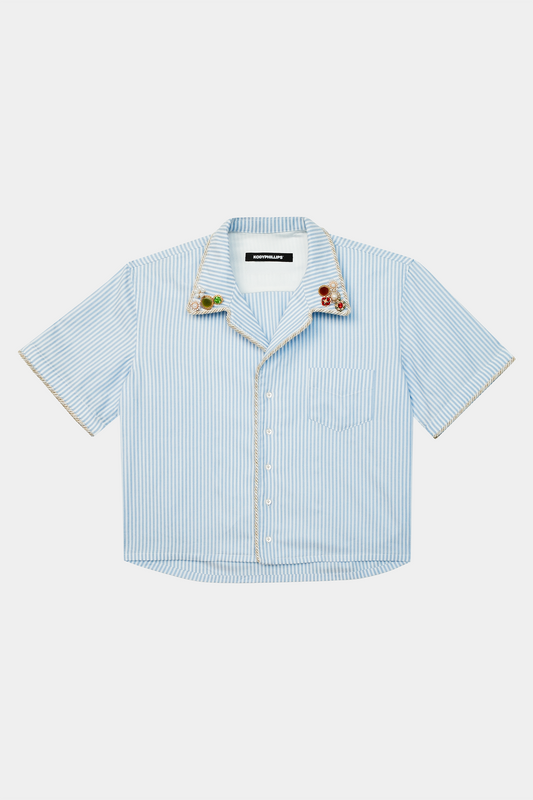 Embellished Camp Collar Short Sleeve - Blue Pinstripe