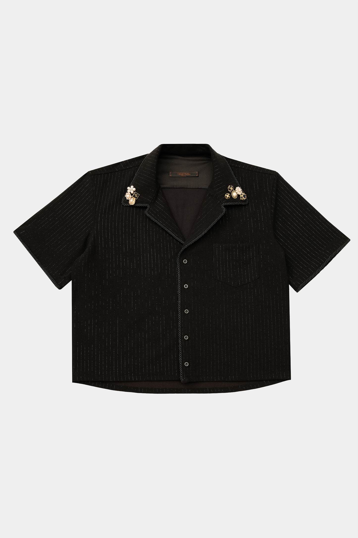 Embellished Camp Collar Short Sleeve - Black Sparkle Pinstripe