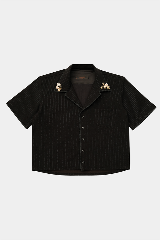 Embellished Camp Collar Short Sleeve - Black Sparkle Pinstripe