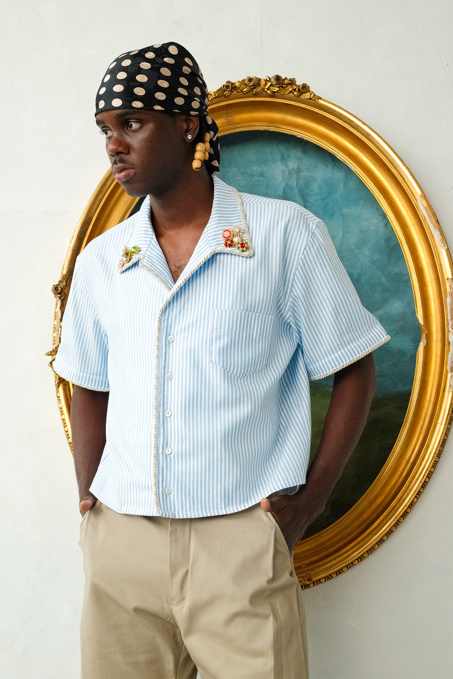 Embellished Camp Collar Short Sleeve - Blue Pinstripe