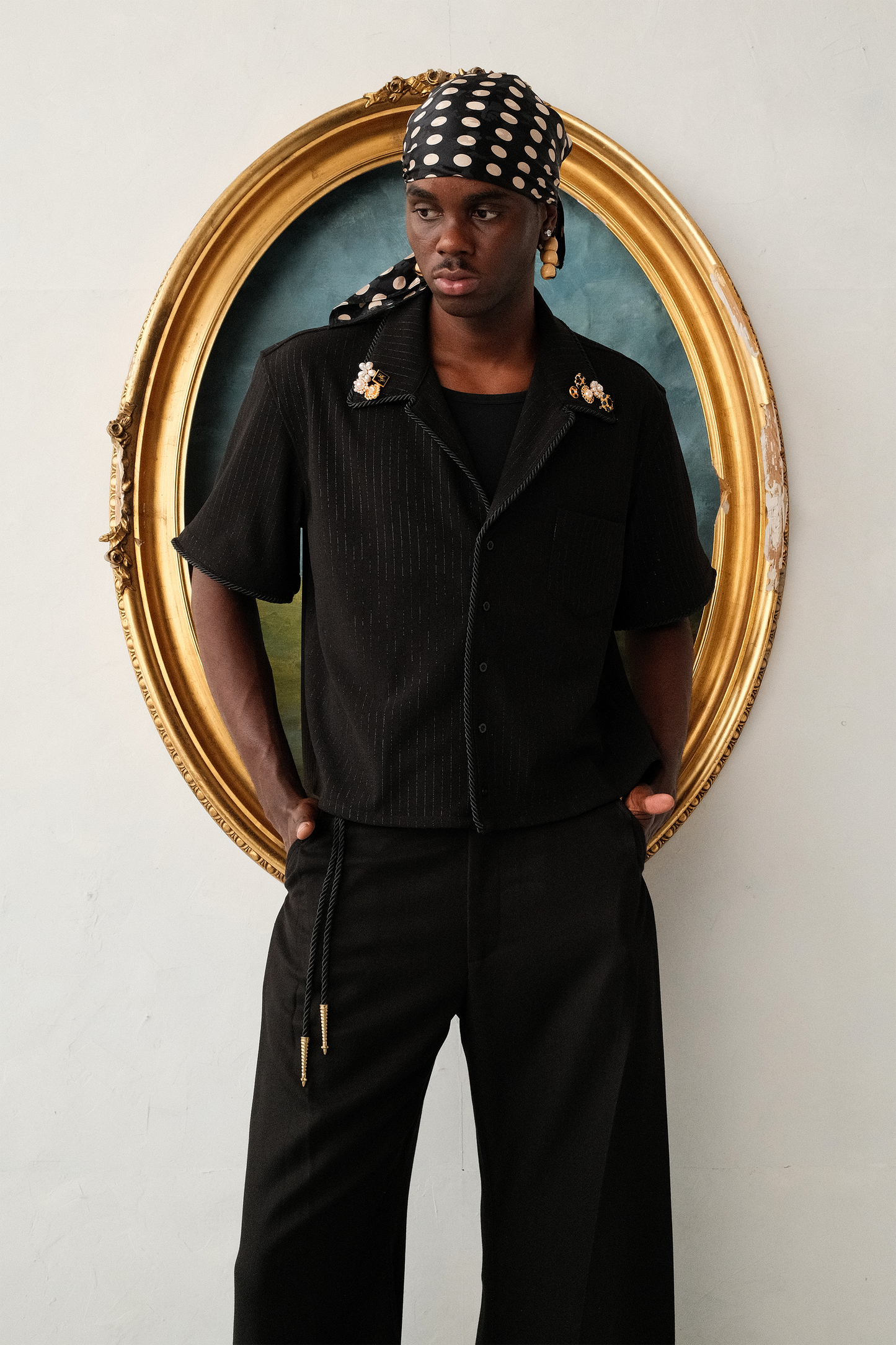 Embellished Camp Collar Short Sleeve - Black Sparkle Pinstripe