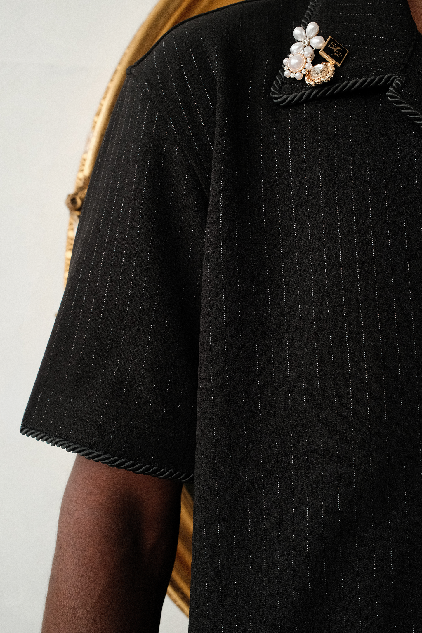 Embellished Camp Collar Short Sleeve - Black Sparkle Pinstripe