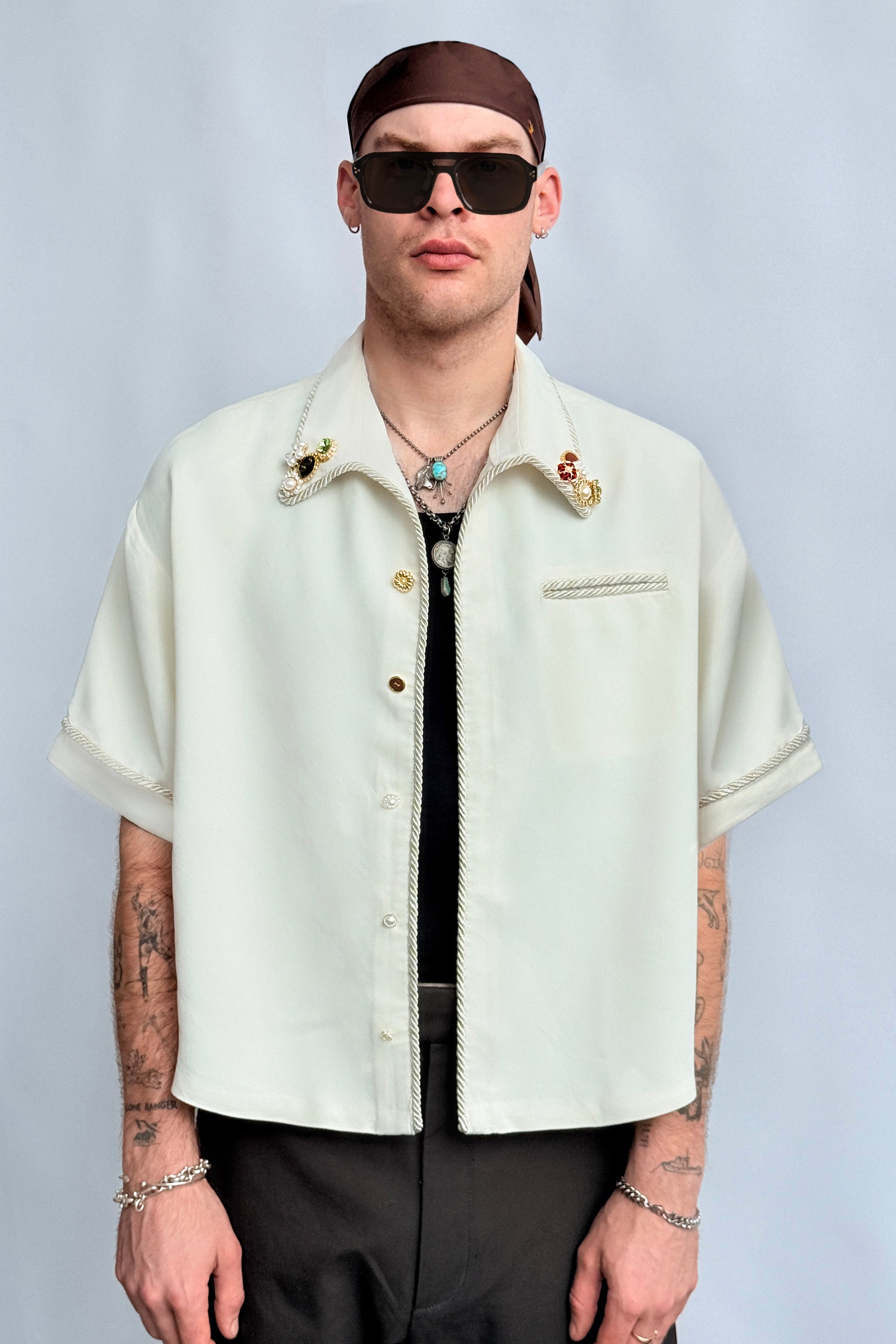 【GRAVER】Dot Smile Embroidery White Clip Check Shirt Jacket White Denim Embroidery Jacket – Shogo Zen Art