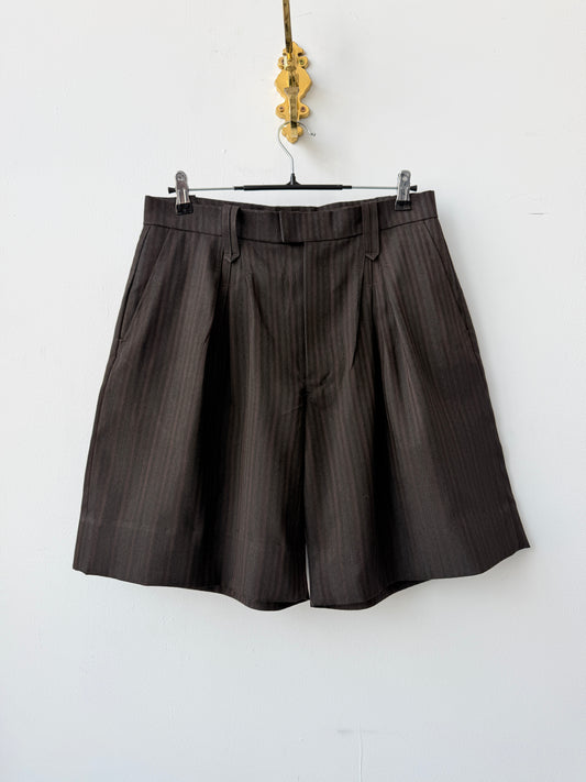 Pleated Pinstripe Shorts - Brown - 33
