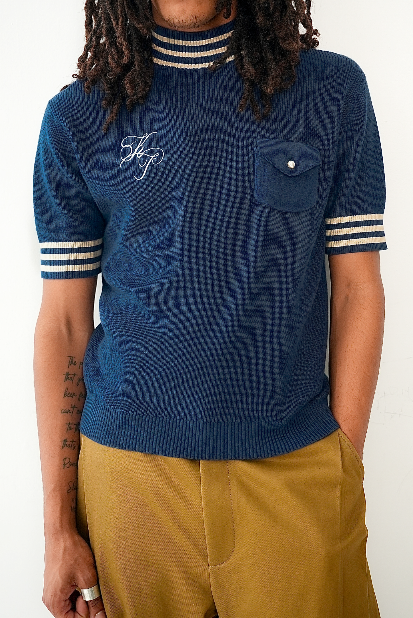 Knit Short Sleeve Sweater - Navy/Ecru