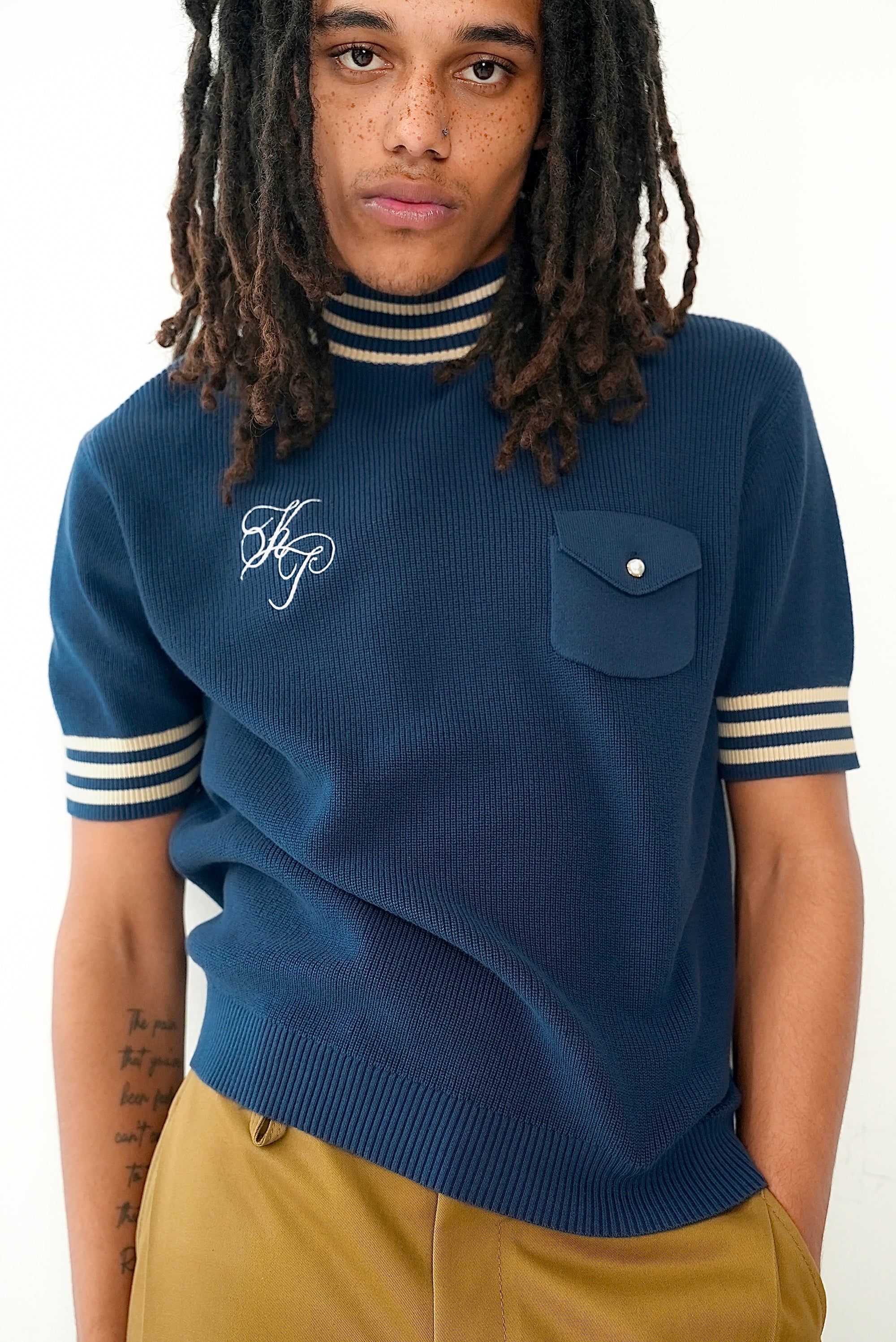 Knit Short Sleeve Sweater - Navy/Ecru