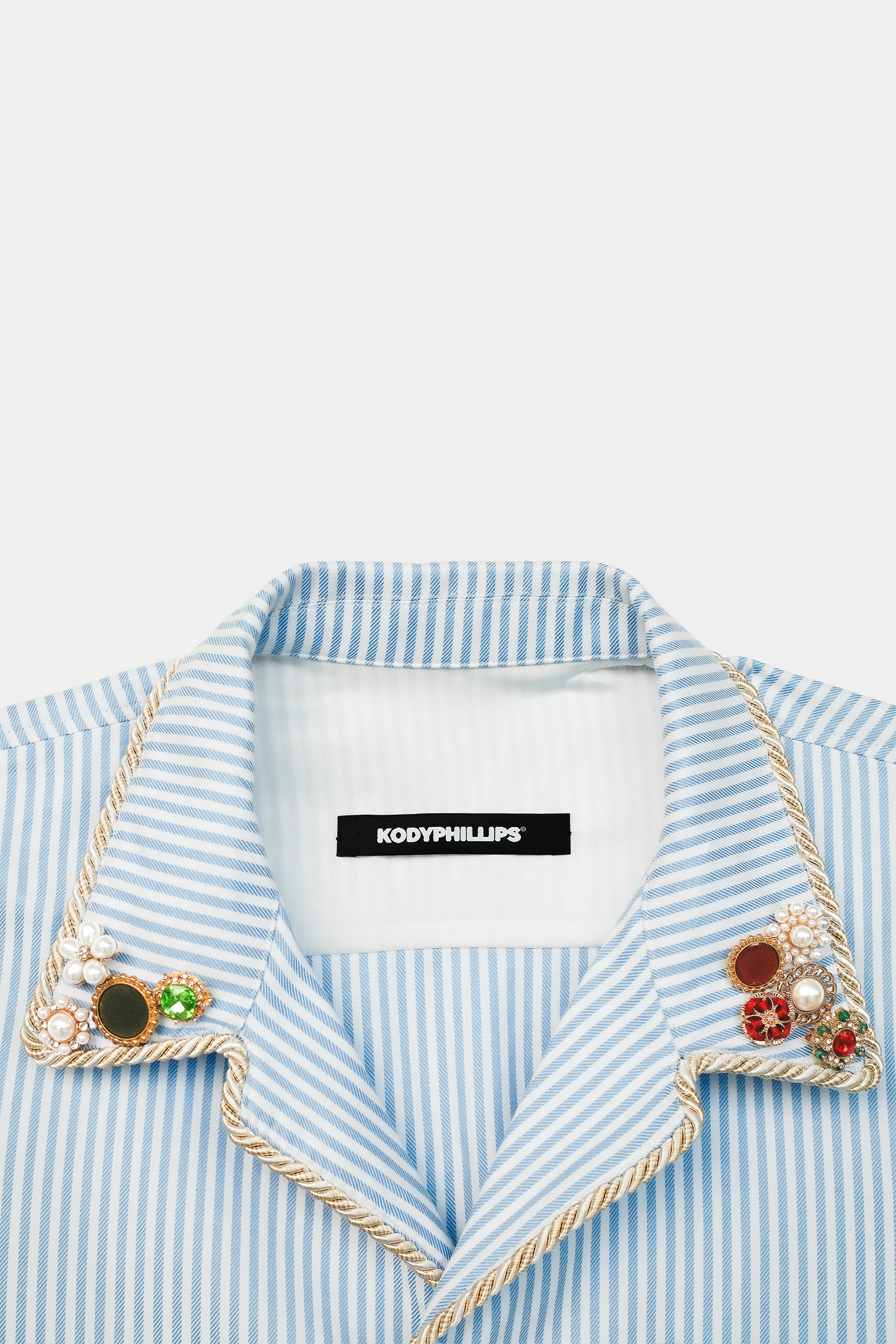 Embellished Camp Collar Short Sleeve - Blue Pinstripe