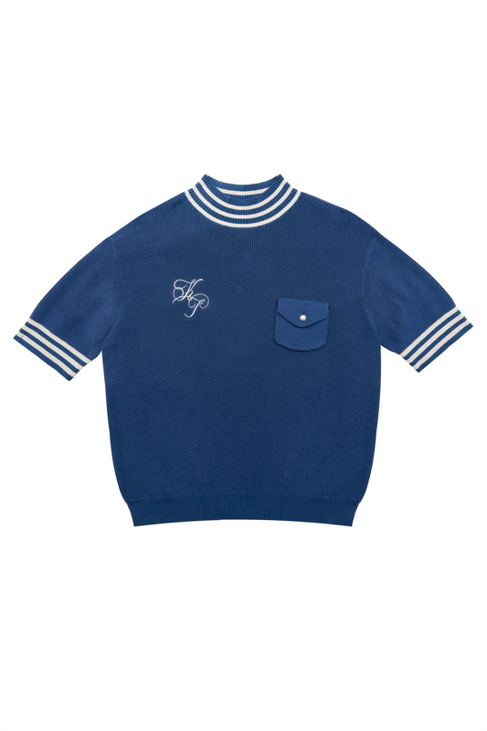 Knit Short Sleeve Sweater - Navy/Ecru